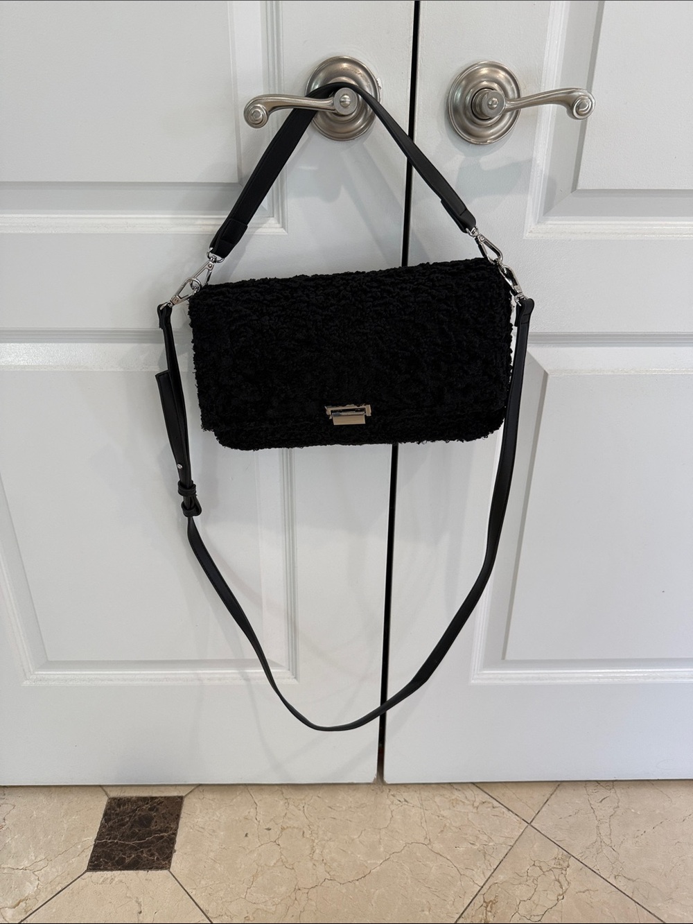 Inc.Black Faux-Shearling Shoulder Bag with Adjustable Strap NWOTS